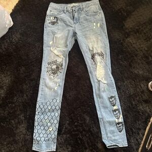 Men's Distressed Graphic Skinny Jeans - Blue
